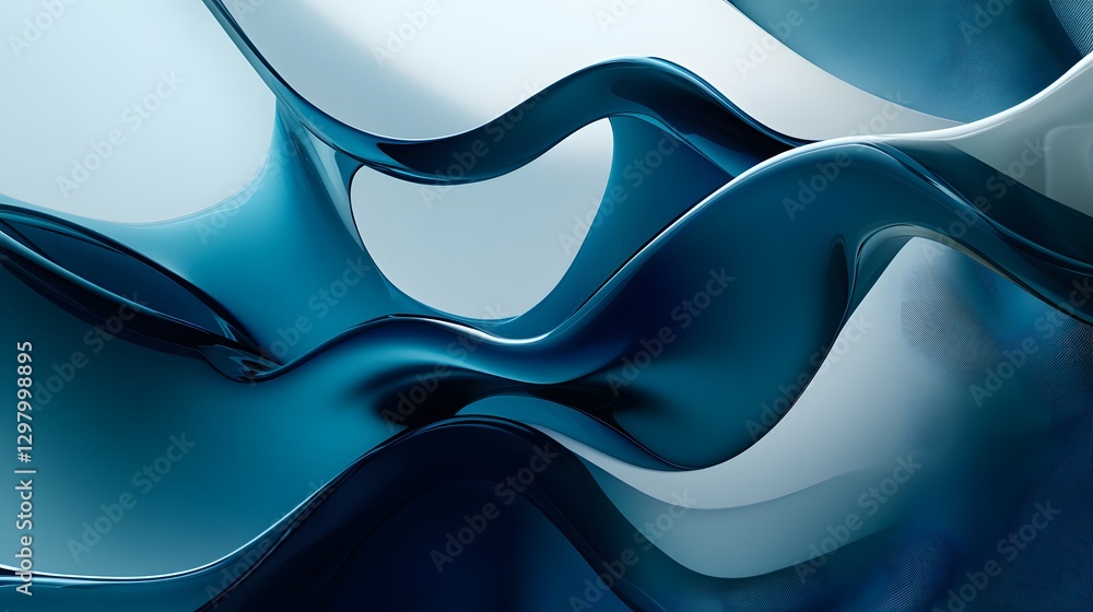 Poster abstract rendering showcasing fluid forms with reflective blue tones