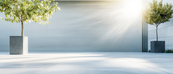 Obraz premium Crisp modern courtyard with planters and sunlight in a tranquil setting