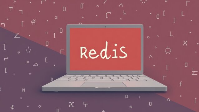 Redis. Laptop is open with word redis on screen