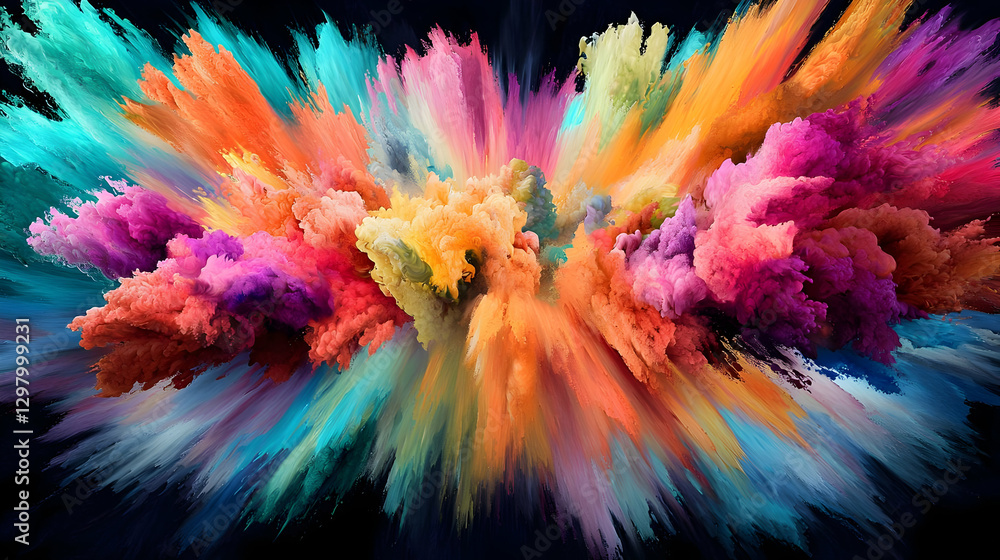 Poster abstract explosion of bright colorful powder against black background creating a dynamic effect