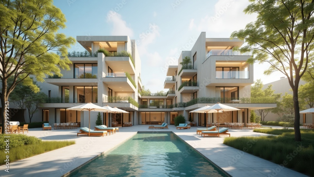 Poster rethinking the future. pool is surrounded by lounge chairs and umbrellas in front of building