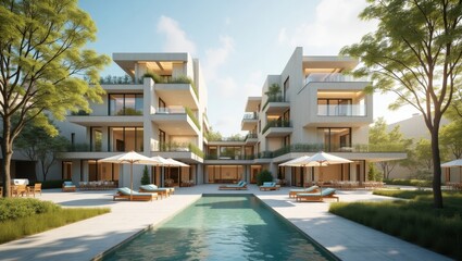 Rethinking The Future. Pool is surrounded by lounge chairs and umbrellas in front of building