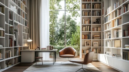 Home office library with floor to ceiling white bookshelves and mid century desk and chair