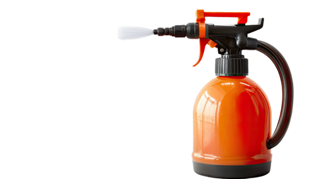 Orange Garden Sprayer: A vibrant orange garden sprayer with a long nozzle, ready for use.  The sprayer is isolated against a white background, showcasing its clean lines and functionality.