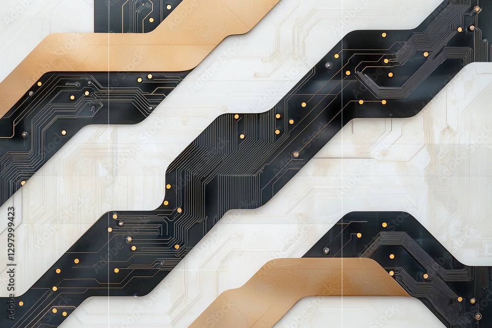 Poster abstract close-up of a modern circuit board design featuring intricate black, gold, and white patter