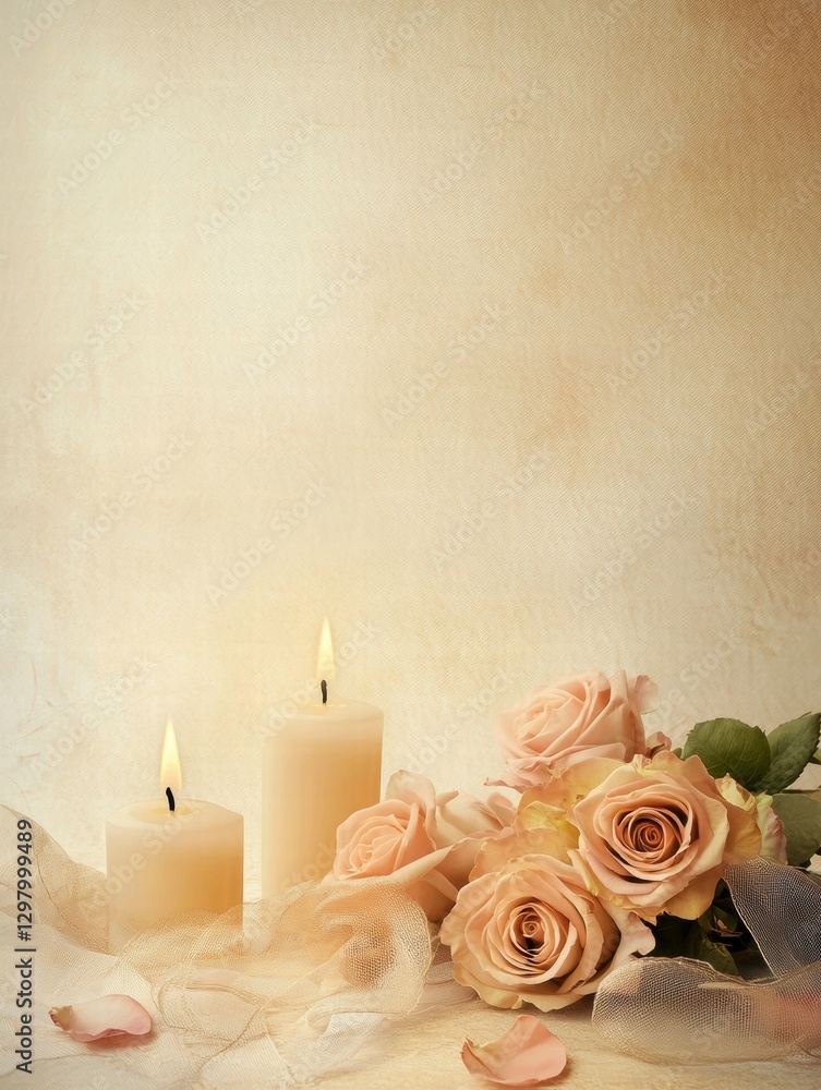 Leinwandbilder Softly lit candles and delicate roses create a serene ambiance in a warm setting during evening hours. Generative AI