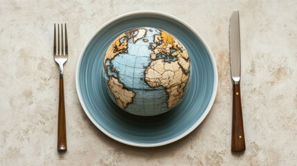 A globe on a plate with a fork and knife on a light background, a World Food Day wallpaper concept