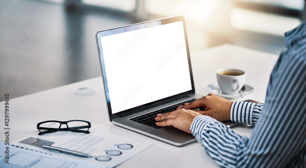 Poster laptop screen, mockup and hands of business woman in office for email, seo review and client feedbac
