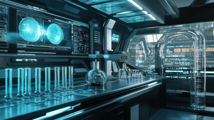A futuristic laboratory setup featuring test tubes and a digital display for scientific analysis.
