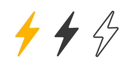 Lightning thunder bolt icon simple flat line stroke logo graphic illustration set, electricity strike solid sign symbol shape silhouette, thunderbolt voltage outline pictogram, energy power charge
