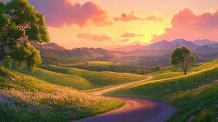 Obraz premium A serene landscape featuring a winding road through lush fields at sunset.