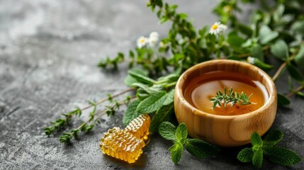 A wooden bowl filled with golden honey, surrounded by fresh herbs like mint, rosemary, and thyme