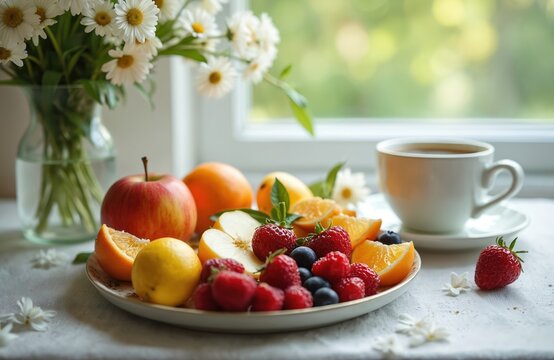 Delicious breakfast with fruits, hot coffee in white cup near daisies bouquet. Healthy lifestyle food with fresh orange, apple, strawberry, blueberry, lemon, raspberry on table for celebration.