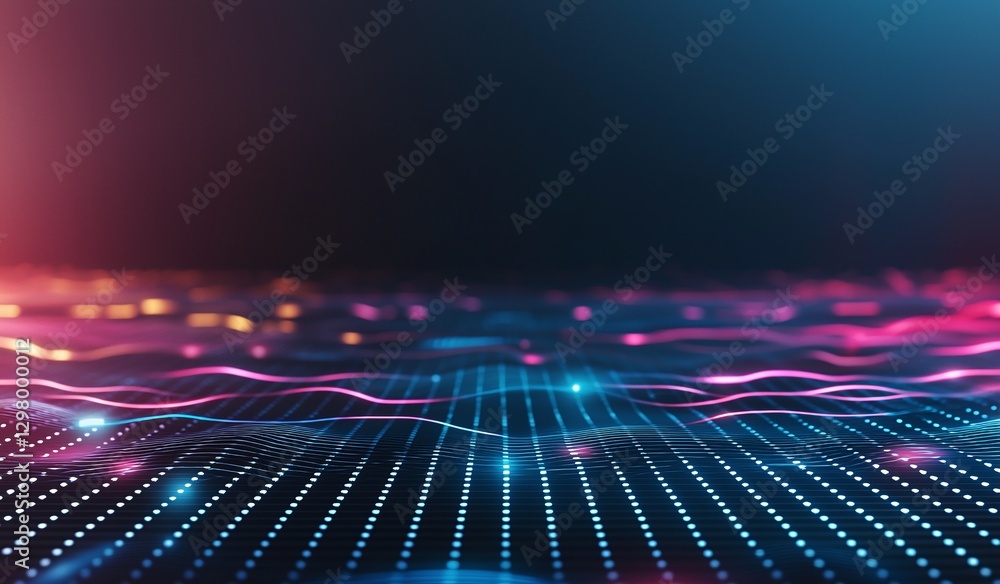 Poster abstract digital landscape featuring vibrant neon lights and flowing waves. this image conveys a sen