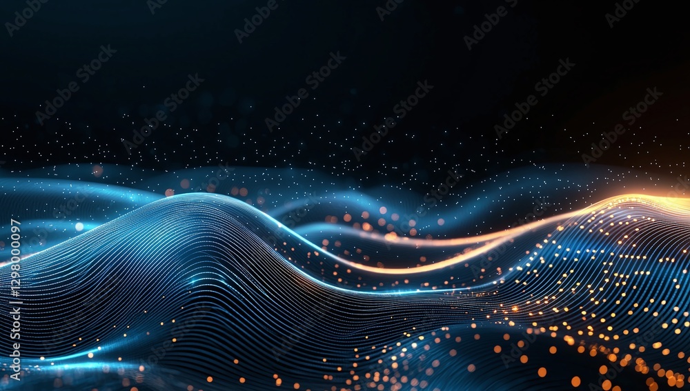 Poster abstract digital landscape with flowing waves of light and particles, representing data and technolo