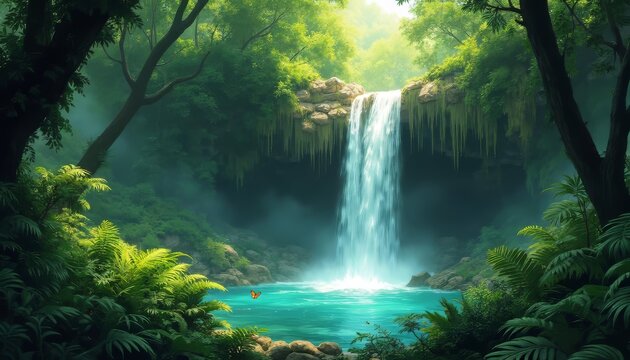Serene Waterfall in Lush Jungle Paradise