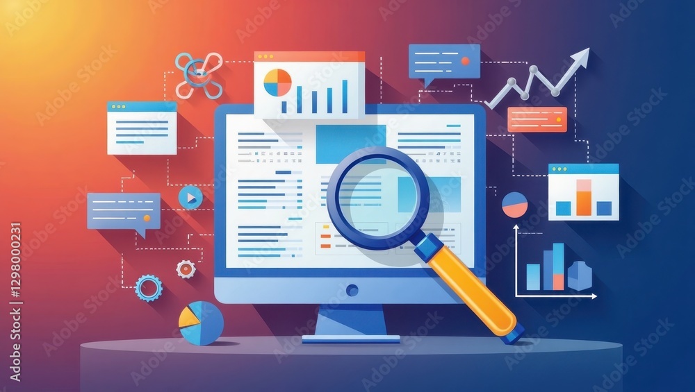 Aufkleber seo audit. image shows computer screen with magnifying glass on it