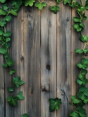 Green leaves on an old wooden fence wall