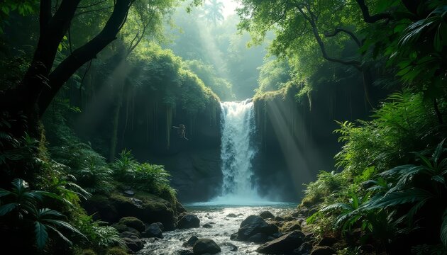 Serene Waterfall in Lush Tropical Jungle Landscape