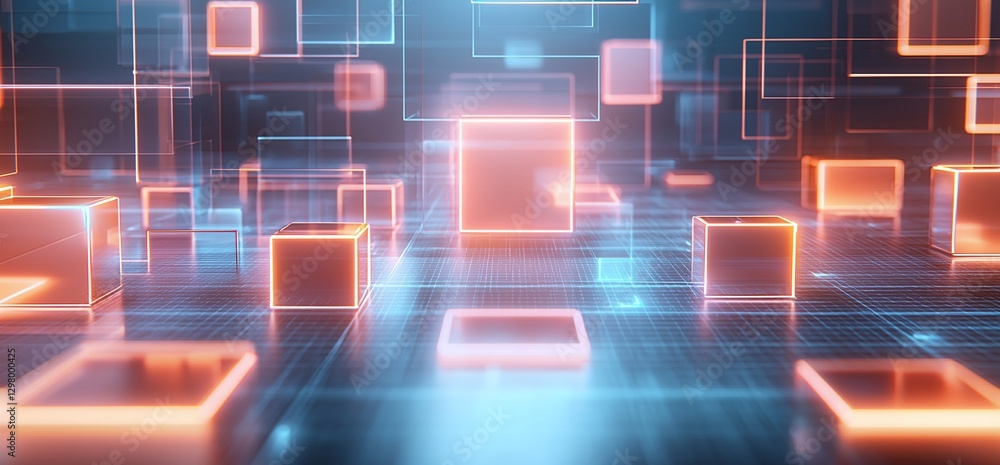Poster abstract futuristic background featuring glowing rectangular shapes on a digital grid. a vibrant ble