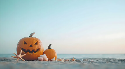 Carved Halloween Pumpkins On Sandy Beach With Starfish And Seashells Under Blue Sky