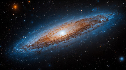 Fototapeta premium A captivating depiction of the Andromeda galaxy, glowing in the vastness of space, symbolizing the infinite possibilities and mysteries of the cosmos, evoking wonder and curiosity.