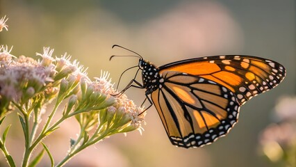 Fototapeta premium Monarch's Delight: A monarch butterfly, with its iconic orange and black wings, delicately rests upon a cluster of blooming flowers, the soft focus creating a dreamy, serene ambiance.