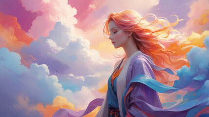 Watercolor drawing of a dreamy woman with flowing multi-colored hair against the backdrop of a bright cloud sky, personifying freedom and imagination