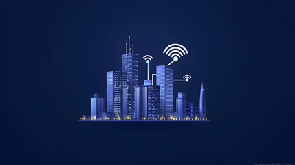 Obraz premium Pixelated Digital City Nighttime Illustration With Wireless Technology on Dark Blue Background