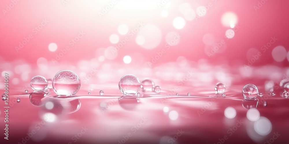 Poster sparkling water droplets on pink surface reflecting light with soft bokeh effects enhancing depth an