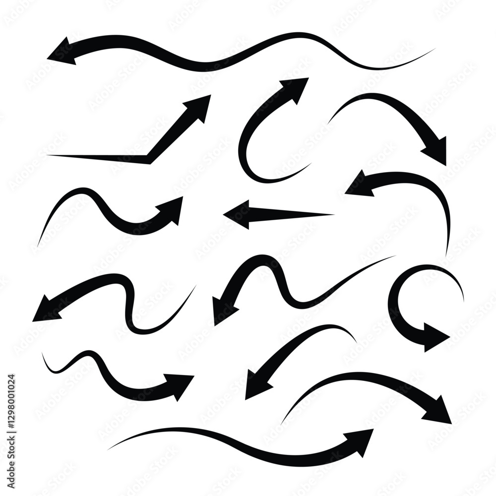 Fototapete black arrow set with curve shape. arrow indicated the direction symbol. curved and straight arrow ic