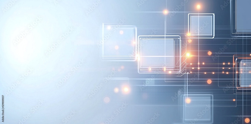 Poster Abstract technological background featuring illuminated squares and glowing lines to represent digital innovation and data transmission. Ideal for tech-related projects.