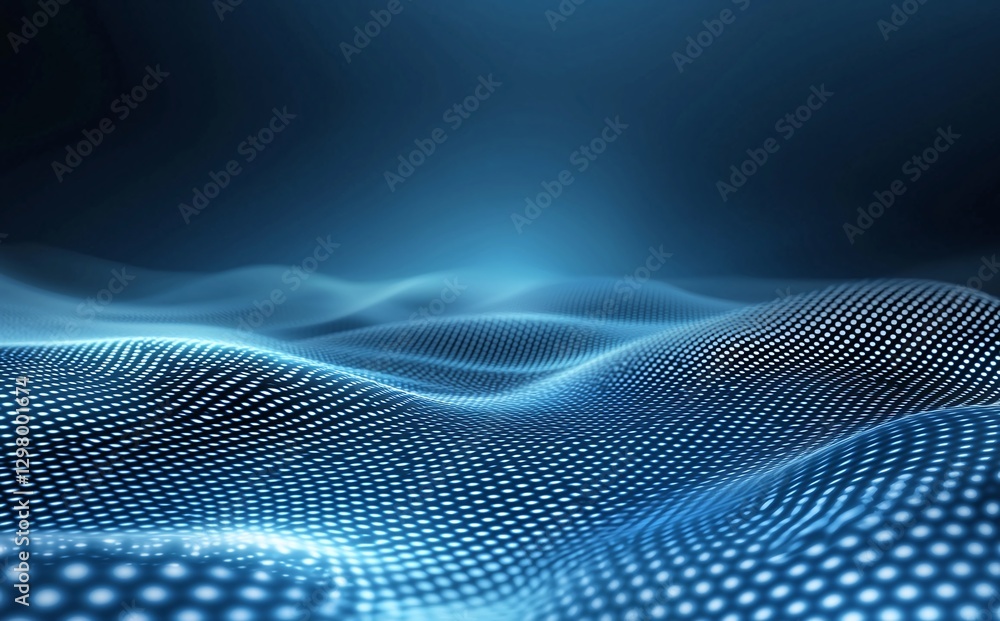 Poster abstract waves of digital information represented by glowing blue dots, creating a sense of depth an