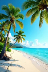 Fototapeta premium Seaside landscape with sandy beach, turquoise water, and palm trees in full bloom, ocean, sun, sand