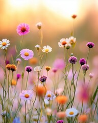 Spring garden with pink and colorful flowers