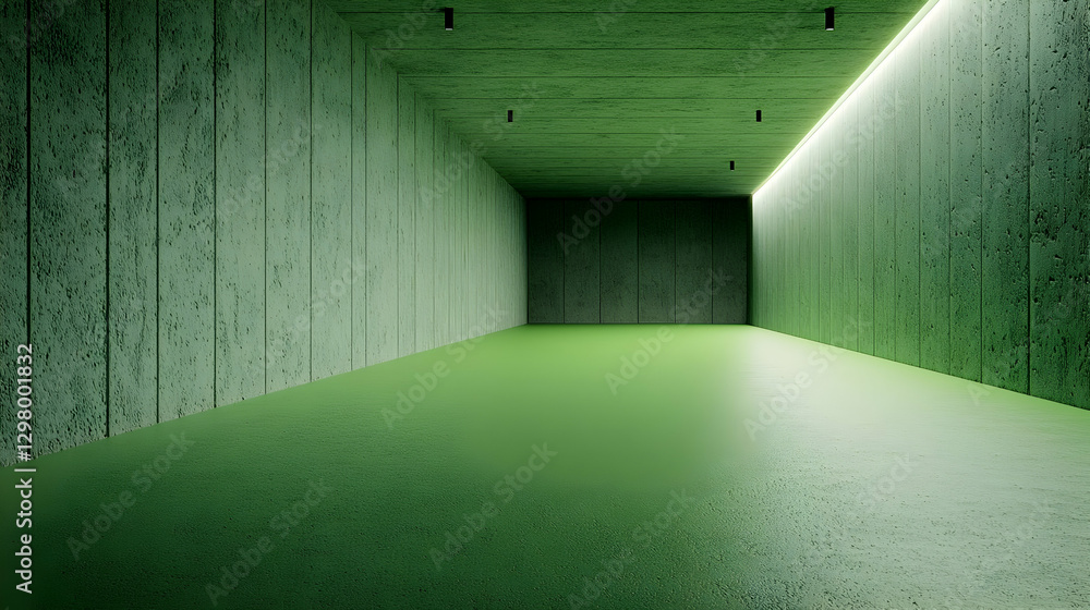 Poster abstract green tunnel design with geometric architecture and bright illumination