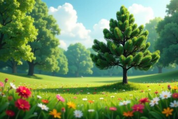 Serene park scene featuring a lone pine tree surrounded by flowers and grass, garden, flowers, grass