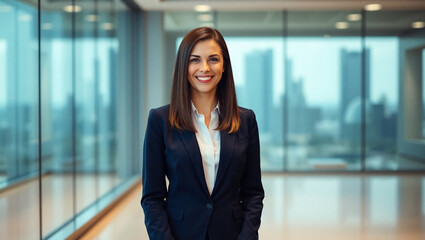 A professional businesswoman standing with her arms straight across an outdoor area. feeling happy , business and financial background	