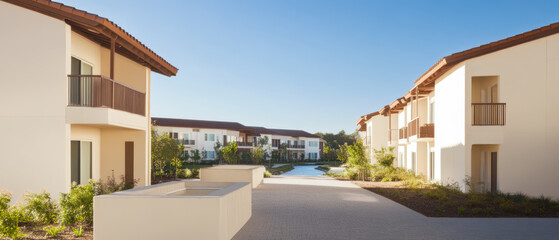 Fototapeta premium Modern residential complex with landscaped gardens and peaceful pathway in bright daylight