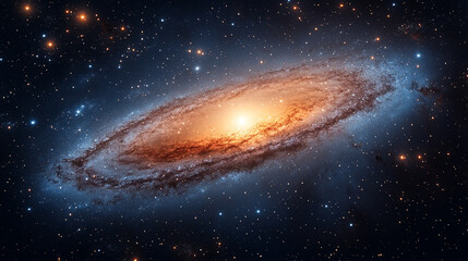 A captivating depiction of the Andromeda galaxy, glowing in the vastness of space, symbolizing the infinite possibilities and mysteries of the cosmos, evoking wonder and curiosity.

