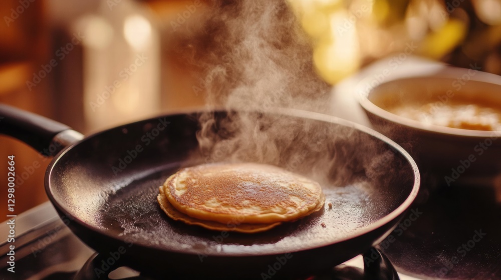 Poster fluffy pancake sizzling in a frying pan with steam rising in a cozy kitchen setting during breakfast