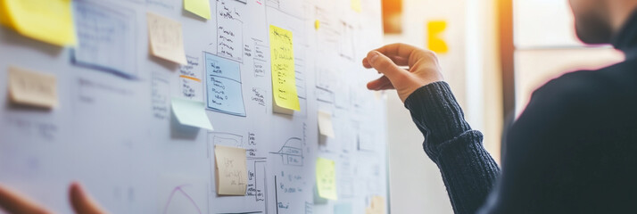 Creative brainstorming session with sticky notes on a whiteboard