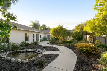 Beautiful garden pathway winding through a serene home landscape in the morning light