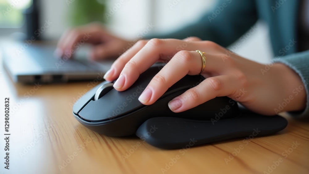 Poster wrist rest. woman is using computer mouse on desk