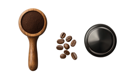 Coffee Ritual: A curated still life showcasing a portafilter filled with fresh ground coffee alongside a scattered selection of whole roasted coffee beans.