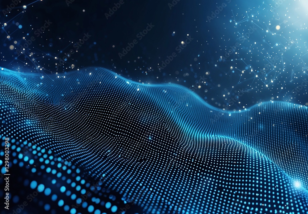 Poster an abstract representation of digital waves with glowing blue dots, symbolizing data flow and techno