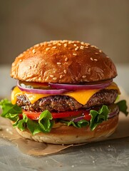 Close-up of cheesy burger on table