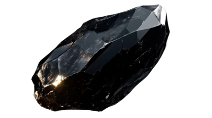 Obsidian Rock: A captivating high-angle studio shot of a raw, jagged obsidian rock, displaying a mesmerizing glossy finish and a dark, mysterious aura.