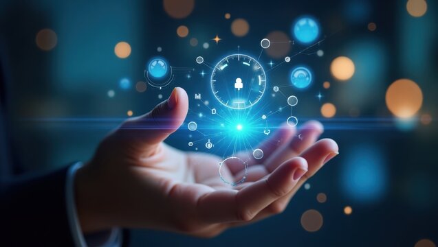 Website Personalization. IIoT Cybersecurity training Secops Digital transformation Open source devops Smart factory Cynerio Remote it solix Second state Businessman hand holding glowing clock hologra