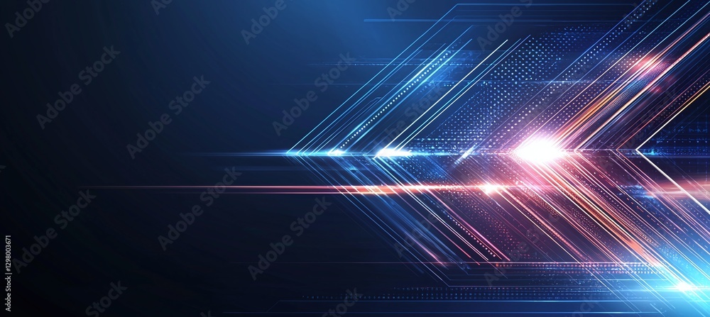 Poster an abstract representation of light beams and geometric shapes in vibrant colors, conveying a sense 